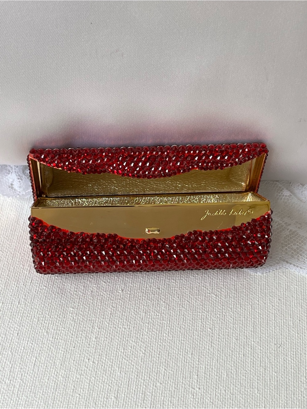Judith Leiber Red Crystal Lipstick Compact Mirror Case, Like New - Picture 2 of 13